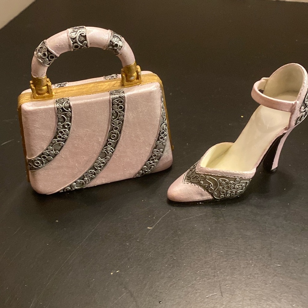 Miniature Shoe collection lavender black lace look design pump w/ matching purse
